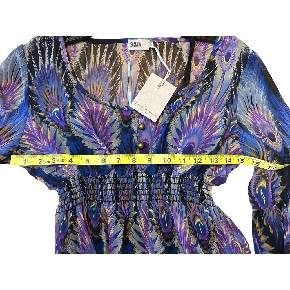 Three Eighty Two Bohemian Peacock Feather Size S Sheer Dress Bell Sleeves $192 - Picture 6 of 9